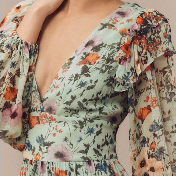 BHLDN Floral Chiffon Plunge Long-Sleeve Ruffle Maxi Dress Sz XS - Picture 3 of 8